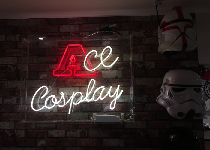 Ace Cosplay' red and white neon sign. Real glass neon fitted inside clear acrylic case.