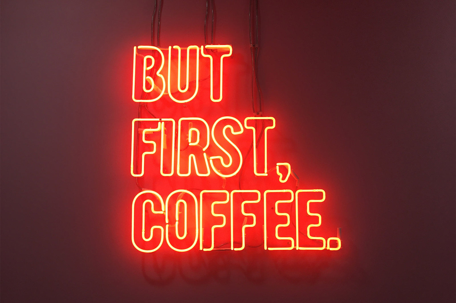 but first, coffee' blue neon sign. Real glass neon fitted directly onto wall.