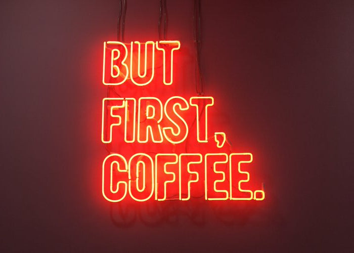 but first, coffee' blue neon sign. Real glass neon fitted directly onto wall.