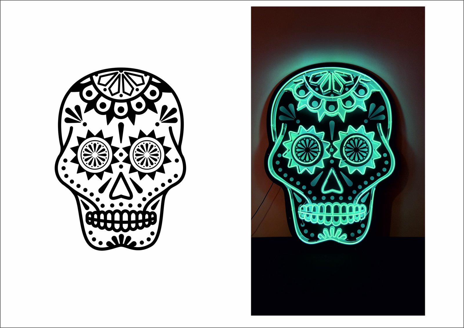 Changos skull' turquoise neon sign. Real glass neon mounted onto black acrylic panel cut to shape.