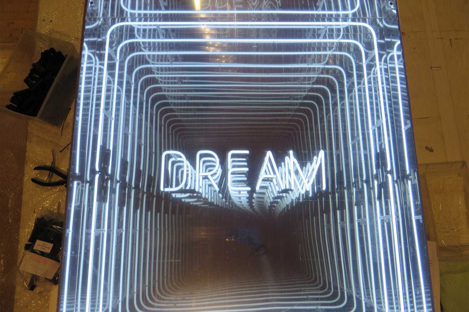 DREAM' white neon infinity box. Real glass neon fitted into an infinity box.