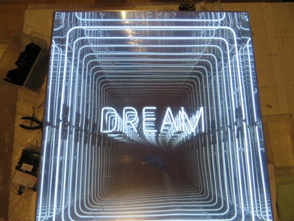 DREAM' white neon infinity box. Real glass neon fitted into an infinity box.
