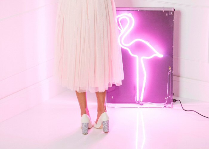 Pink flamingo' pink neon sign. Real glass neon fitted inside clear acrylic case.