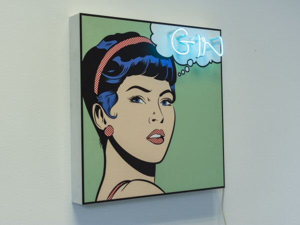 GIN' blue neon light. Real glass neon fitted onto white acrylic case with printed face.