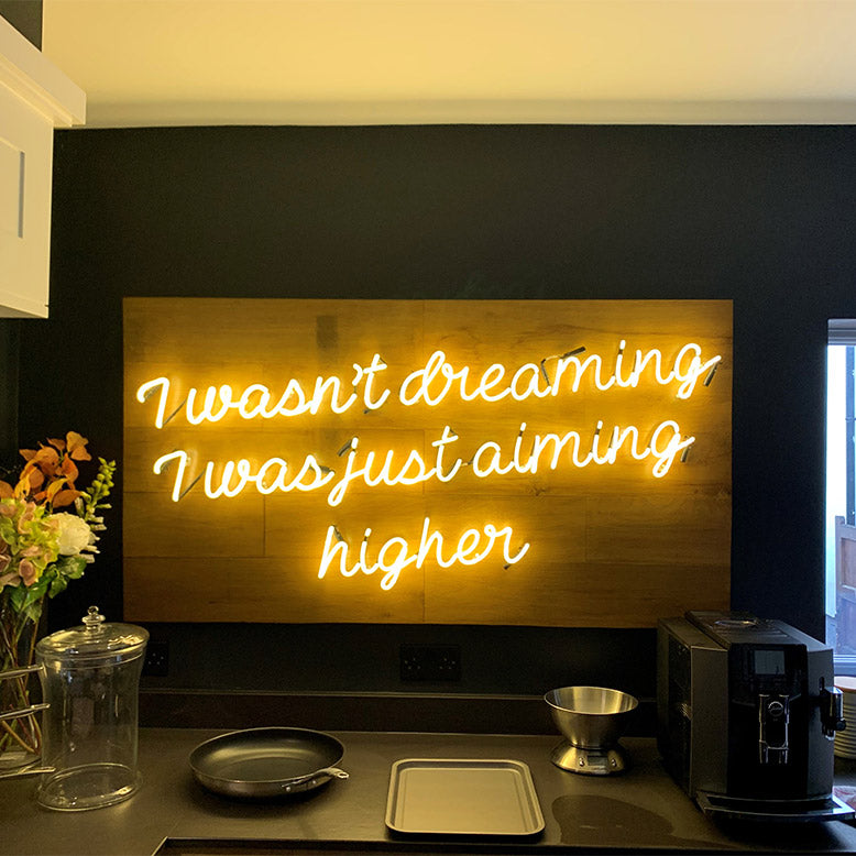 I wasn't dreaming I was just aiming higher' white neon sign. Real glass neon fitted onto reclaimed wooden panel.