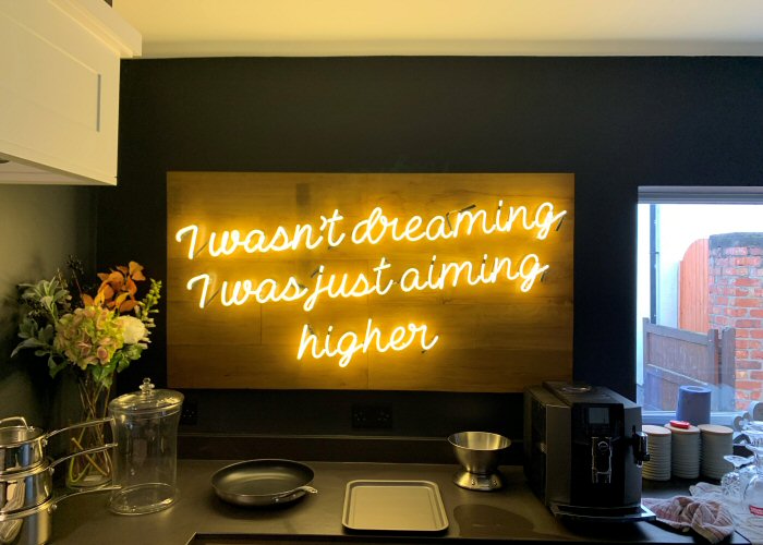 I wasn't dreaming I was just aiming higher' white neon sign. Real glass neon fitted onto reclaimed wooden panel.