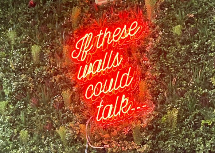 If these walls could talk…' red neom sign. Real glass neon fitted onto clear acrylic panel cut to shape.