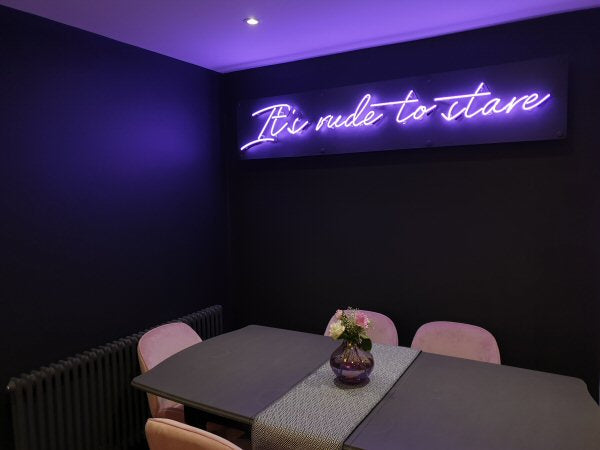 It's rude to stare' orchid neon sign. Real glass neon fitted onto a painted MDF panel.