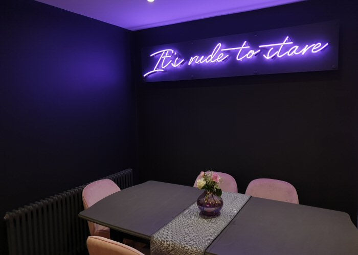 It's rude to stare' orchid neon sign. Real glass neon fitted onto a painted MDF panel.