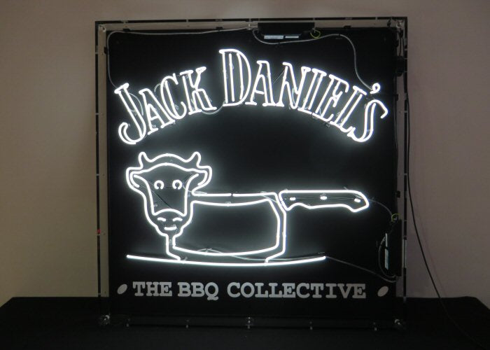 JACK DANIELS' white neon sign. Real glass neon fitted inside acrylic case with black back.