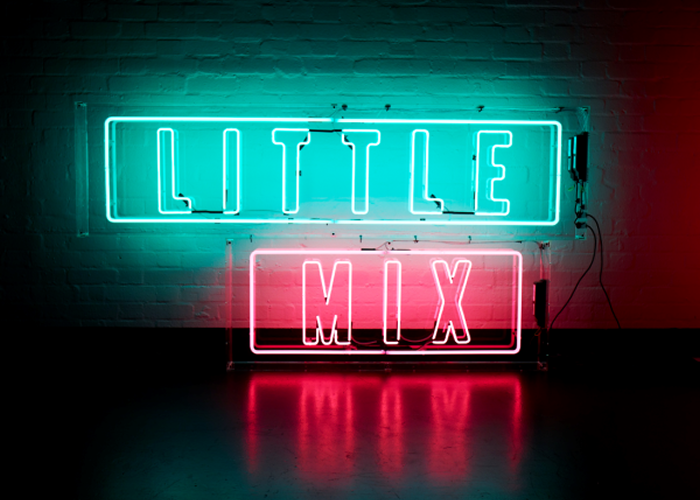 LITTLE MIX' turquoise and pink neon signs. Real glass neon fitted inside acrylic cases with clear backs.