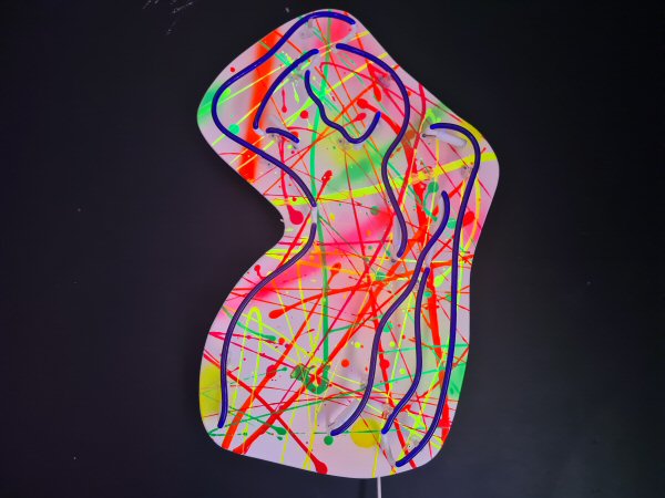 Lady outline' UV neon. Real glass neon fitted onto a painted shaped MDF panel.
