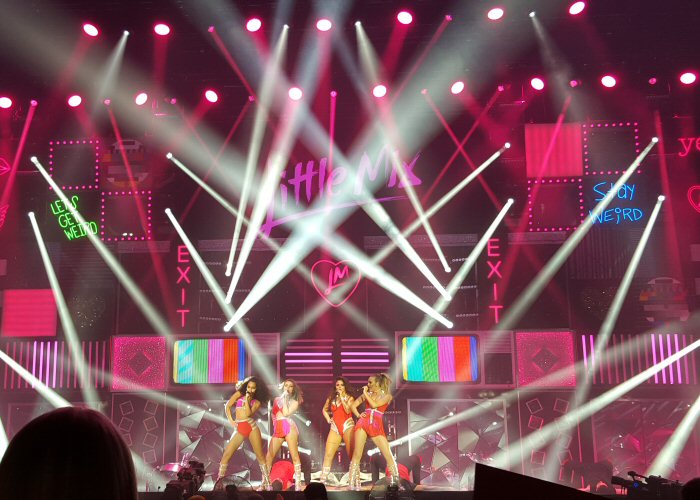 LITTLE MIX' turquoise and pink neon signs. Real glass neon fitted inside acrylic cases with clear backs.