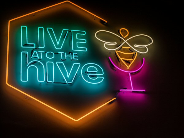 Live at the Hive' multi-coloured neon light. Real glass neon fitted directly onto wall.