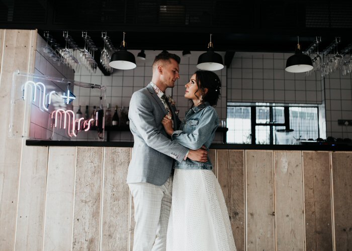 Mr & Mrs' blue and pink neon sign. Real glass neon fitted inside clear acrylic case.