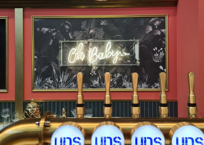 Oh Baby…' white neon sign. Real glass neon fitted inside clear acrylic case.