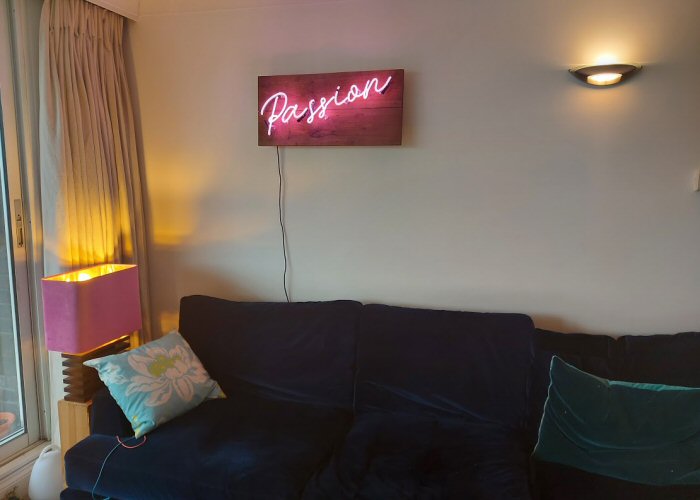 Passion' pink neon sign. Real glass neon mounted on to reclaimed wooden panel.