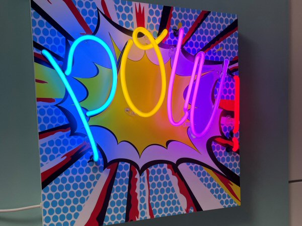 POW!' multi-coloured neon light. Real glass neon fitted onto white acrylic case with printed face.