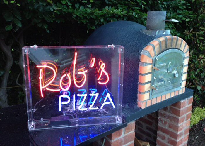 Rob's PIZZA' red and blue neon sign. Real glass neon fitted inside clear acrylic case.