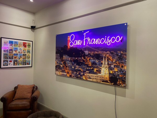 San Francisco' pink neon sign. Real glass neon fitted onto printed acrylic panel.