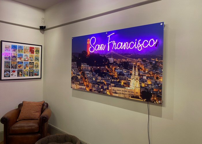 San Francisco' pink neon sign. Real glass neon fitted onto printed acrylic panel.