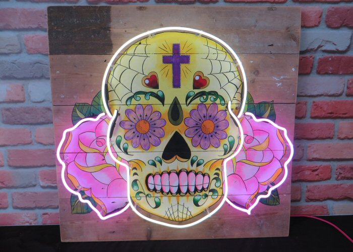 Skull & Roses' white and pink neon light. Real glass neon fitted onto painted wooden panel, supplied by client.