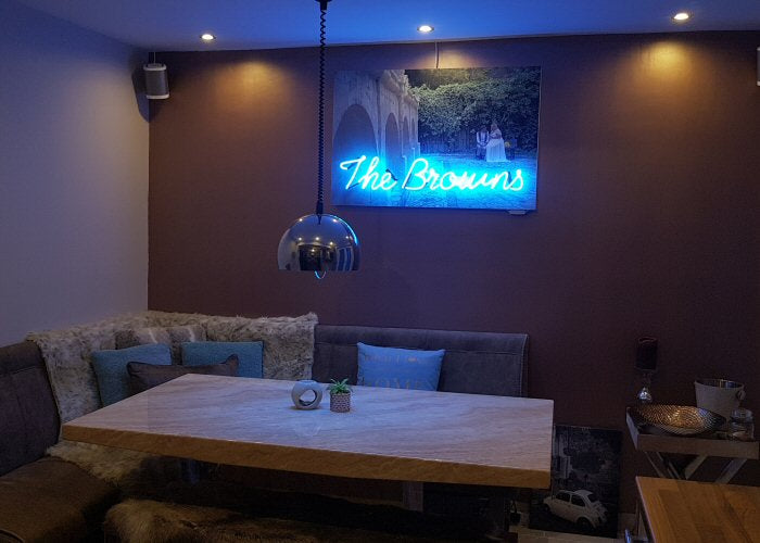 The Browns' blue neon sign. Real glass neon fitted onto white acrylic case with printed face.