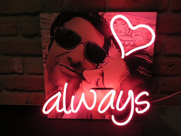 Always with heart', pink neon sign. Real glass neon fitted onto white acrylic case with printed face.
