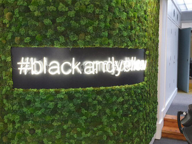 #blackandyellow' white neon sign. Real glass neon fitted directly to curved wall.