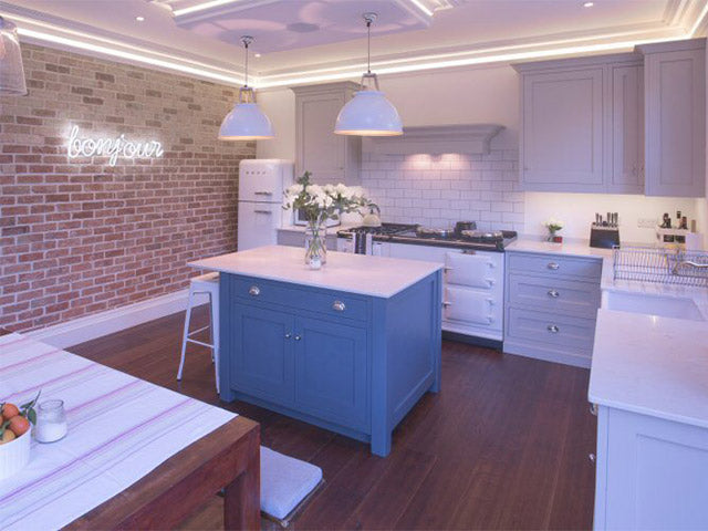 bonjour' white neon sign. Real glass neon fitted directly onto the wall.