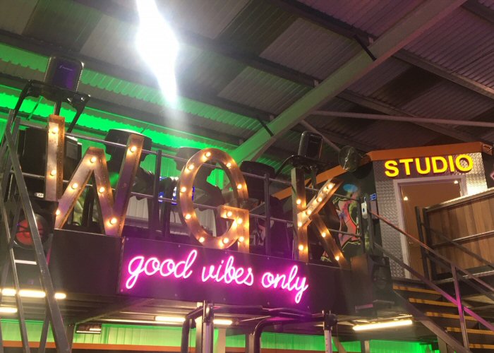 good vibes only' pink neon sign. Real glass neon fitted onto a black acrylic panel.